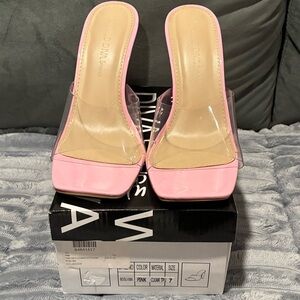 Amina Muaddi Pink Heels with Clear Straps